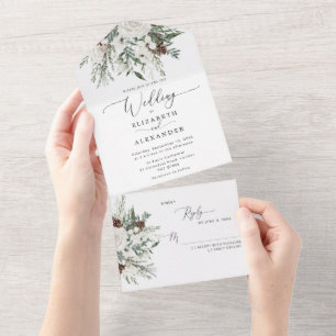 Invitation Tout En Un Elégant hiver festif mariage à feuillage persistan