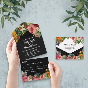 Invitation Tout En Un Elégant Jardin Botanique Boho Black Floral Mariage