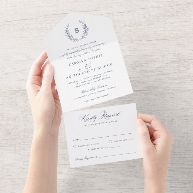 Invitation Tout En Un Elégant Laurel Wreath Blue Mariage Monogram Crest (Déchirure)