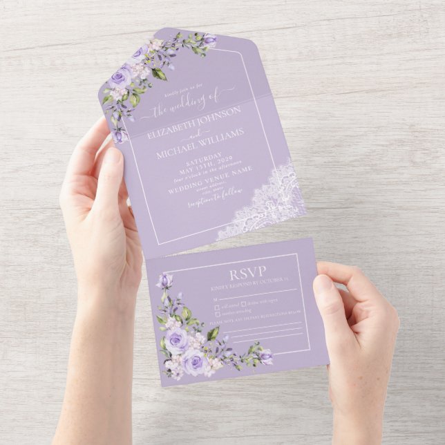 Invitation Tout En Un Élégant Lavande Lavande Rustique Mariage dentelle (Déchirure)