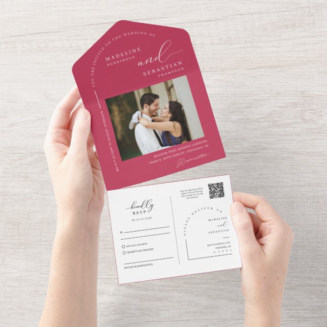 Invitation Tout En Un Élégant Magenta moderne minimal Arc QR Code photo (Déchirure)