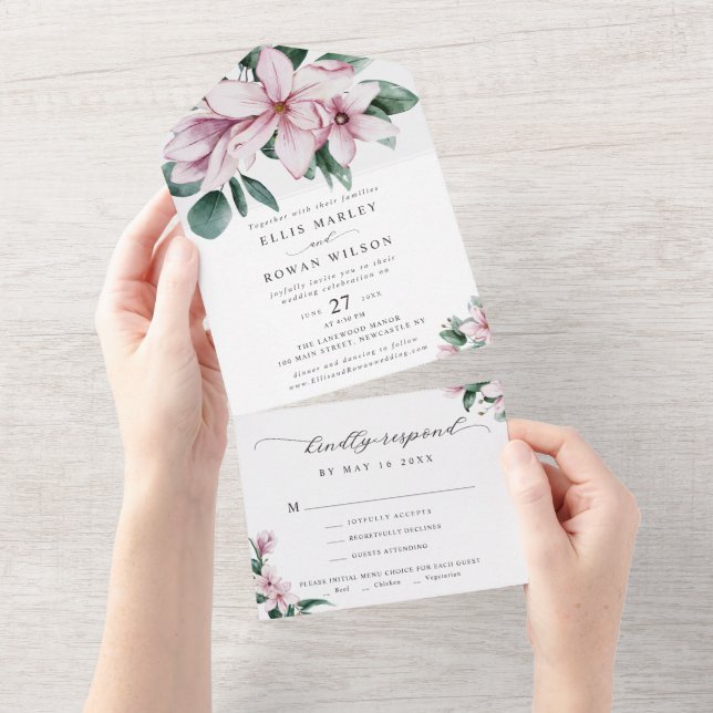 Invitation Tout En Un Élégant Magnolia Florals Mariage de script moderne (Déchirure)
