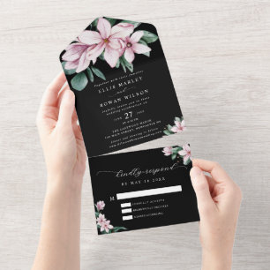 Invitation Tout En Un Élégant Magnolia Florals Mariage de script moderne