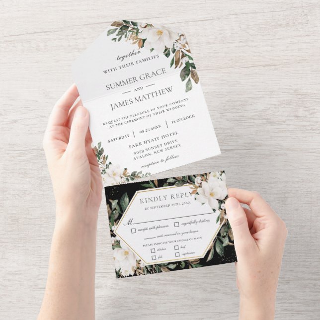 Invitation Tout En Un Elégant Magnolias Coton Floral Mariage (Déchirure)