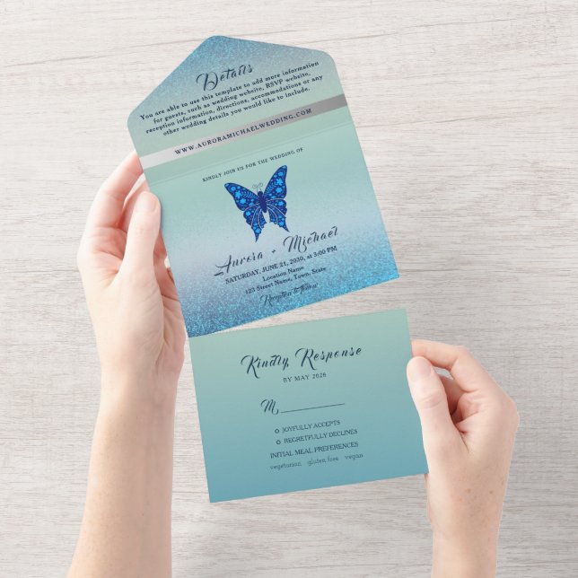 Invitation Tout En Un Élégant Mariage à papillon bleu argenté (Déchirure)