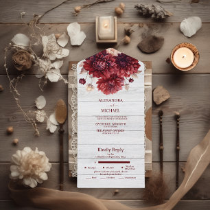 Invitation Tout En Un Élégant mariage aquarelle dahlia bordeaux