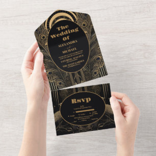 Invitation Tout En Un Elégant Mariage Art Déco Peacocks