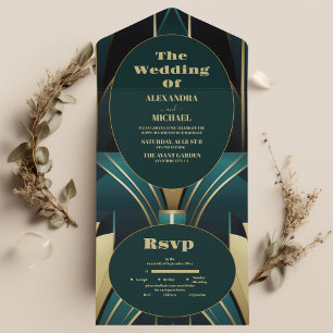 Invitation Tout En Un Élégant Mariage Art déco vert et or