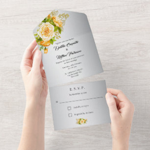 Invitation Tout En Un Élégant Mariage aux Roses Argentées et Jaunes
