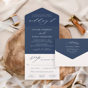 Invitation Tout En Un Élégant mariage avec calligraphie en bleu marine