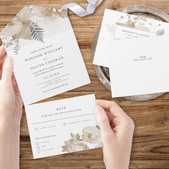 Invitation Tout En Un Elégant Mariage blanc à la couleur de la terre (Créateur téléchargé)