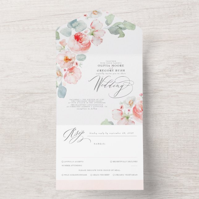 Invitation Tout En Un Élégant Mariage Boho Fleurs Roses Douces (À l'intérieur)