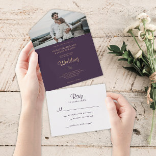 Invitation Tout En Un Élégant Mariage Boho Moody violet foncé