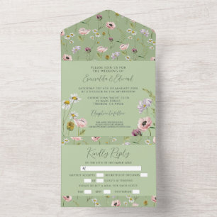 Invitation Tout En Un Élégant Mariage botanique Sage Green Fleur sauvage