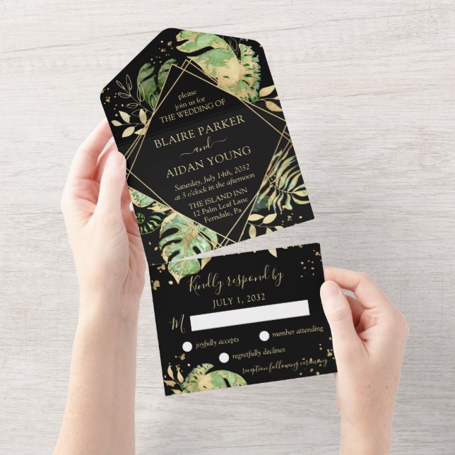 Invitation Tout En Un Élégant Mariage botanique Tropical Noir & Or (Déchirure)