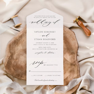 Invitation Tout En Un Élégant Mariage Calligraphié Blanc Script