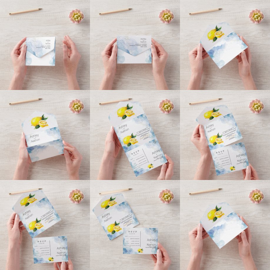 Invitation Tout En Un Élégant Mariage citron jaune et vert aquarelle