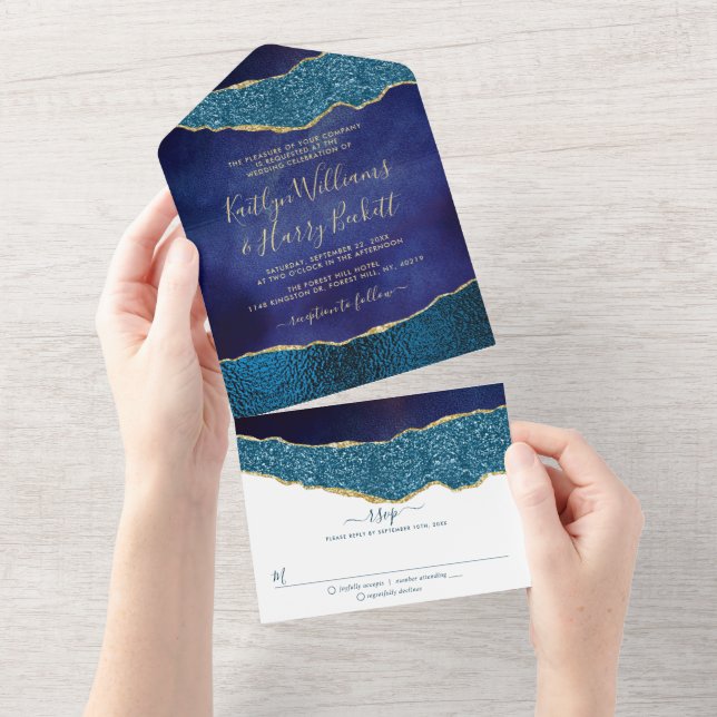 Invitation Tout En Un Élégant Mariage d'âge bleu et or de la marine (Déchirure)
