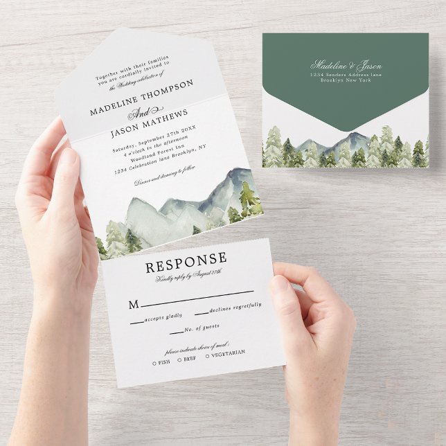 Invitation Tout En Un Élégant Mariage d'aquarelle classique de la forêt  (Créateur téléchargé)