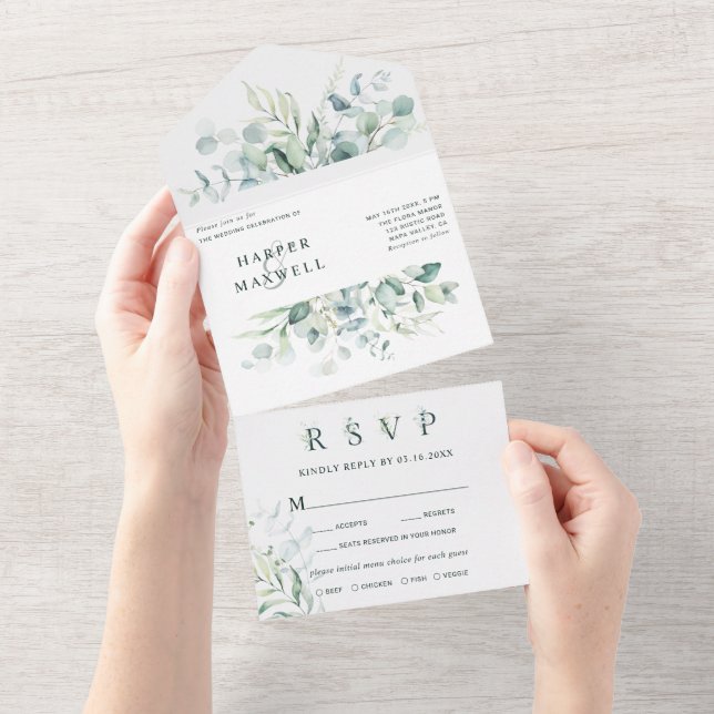Invitation Tout En Un Élégant Mariage d'aquarelle de feuillage vert (Déchirure)