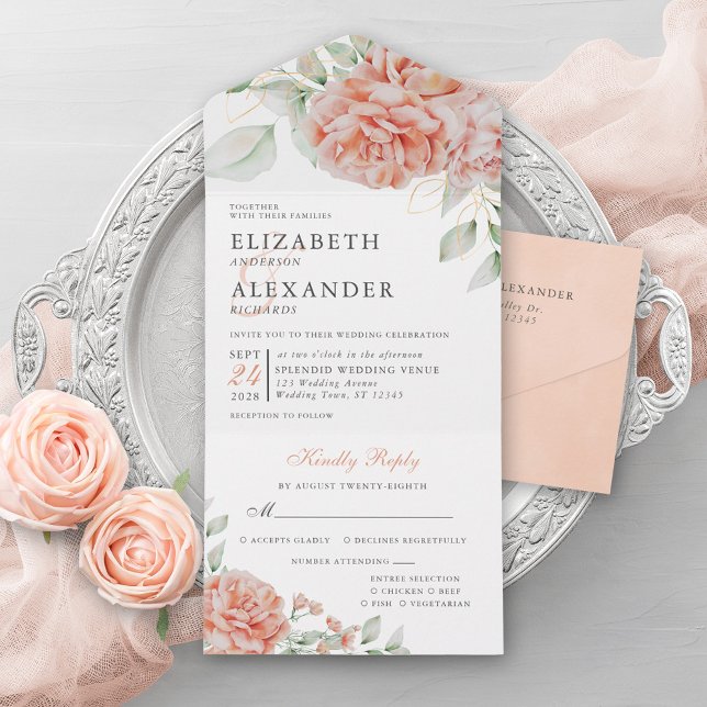 Invitation Tout En Un Élégant Mariage d'aquarelle rose floral (Créateur téléchargé)