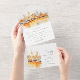 Invitation Tout En Un Élégant Mariage d'aquarelle Skyline de Nashville C