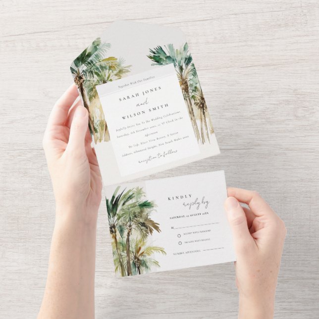 Invitation Tout En Un Elégant Mariage d'aquarelle tropicale palmiers (Déchirure)