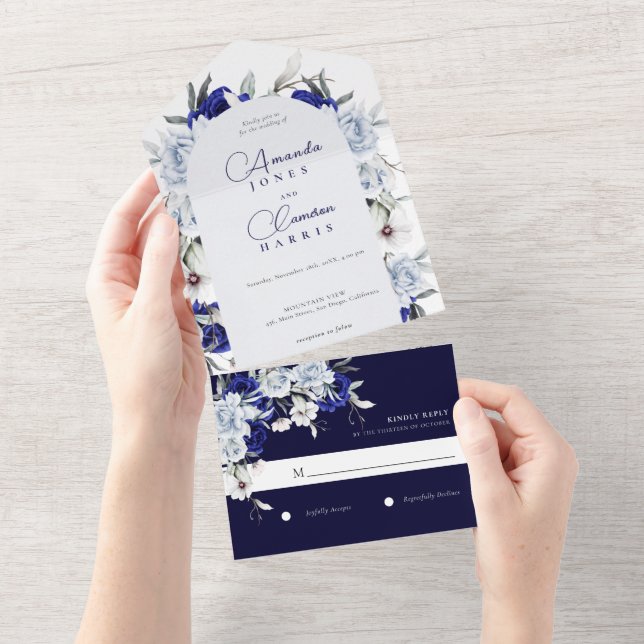 Invitation Tout En Un Elégant Mariage d'arc floral Dusty Blue Navy (Déchirure)