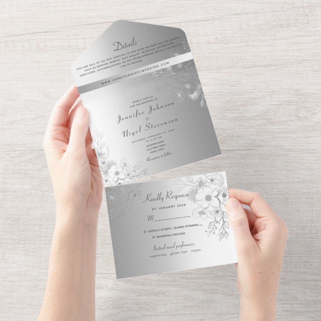 Invitation Tout En Un Élégant Mariage d'argent Faux (Déchirure)