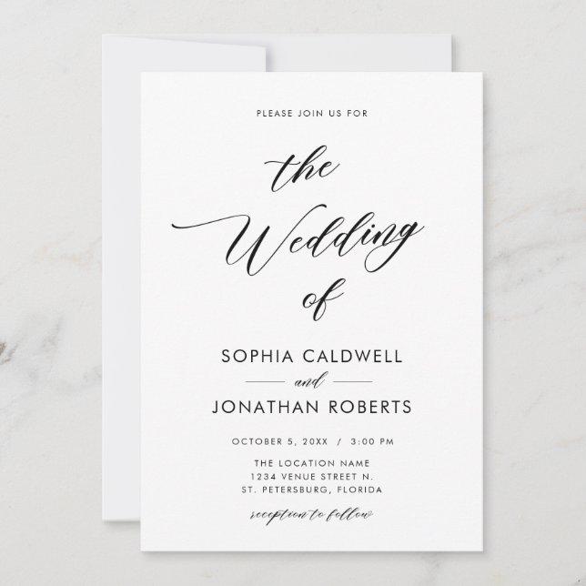 Invitation Tout en un élégant Mariage de calligraphie noire (Devant)