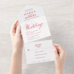 Invitation Tout En Un Élégant Mariage de calligraphie rouge et blanc