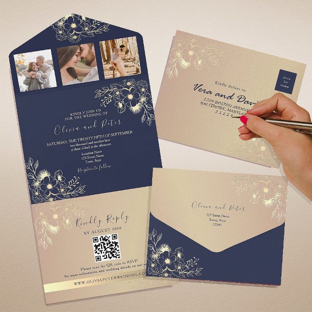 Invitation Tout En Un Élégant Mariage de code QR bleu marine (Créateur téléchargé)