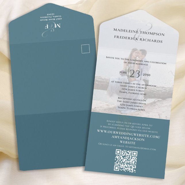 Invitation Tout En Un Élégant Mariage de code QR Photo Bleue (Créateur téléchargé)
