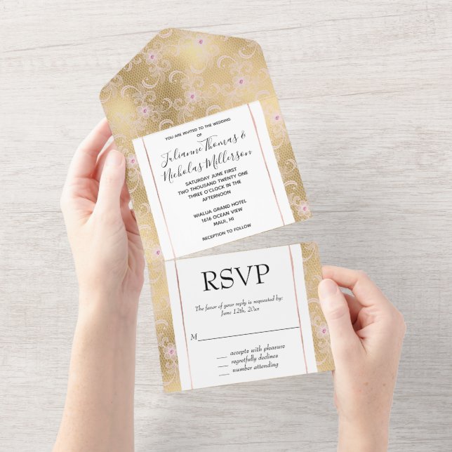 Invitation Tout En Un Élégant Mariage de dentelle rose et or (Déchirure)