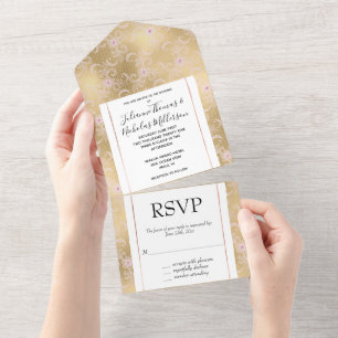 Invitation Tout En Un Élégant Mariage de dentelle rose et or