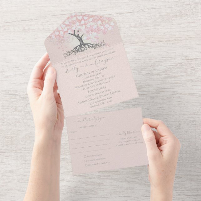 Invitation Tout En Un Élégant Mariage de feuille de coeur rose pâle (Déchirure)