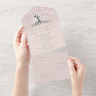 Invitation Tout En Un Élégant Mariage de feuille de coeur rose pâle