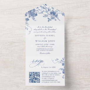 Invitation Tout En Un Élégant Mariage de Floral Bleu Victorien Français