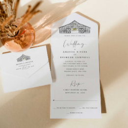 Invitation Tout En Un Élégant Mariage de grange noir et blanc
