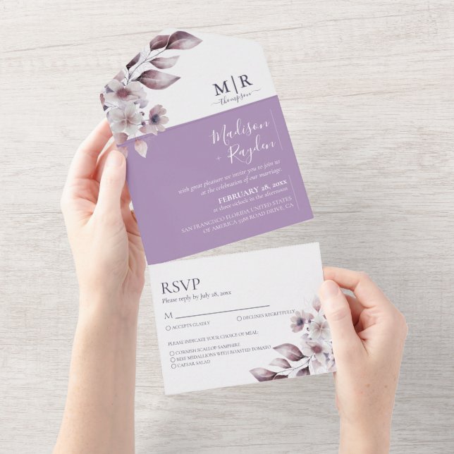 Invitation Tout En Un Élégant Mariage de lavande florale violet (Déchirure)