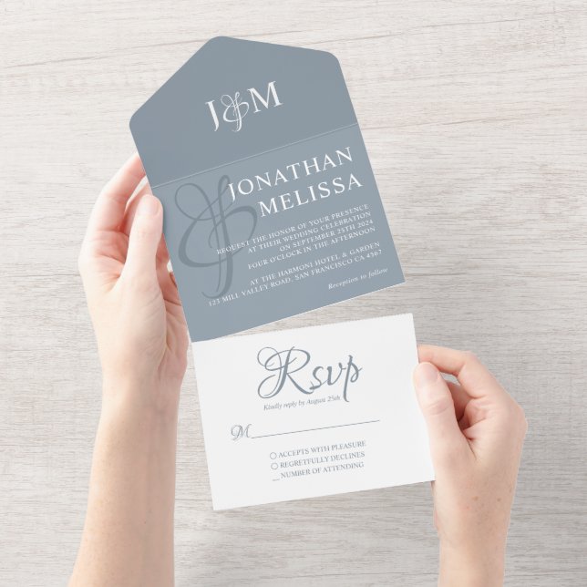 Invitation Tout En Un Élégant Mariage de Monogramme bleu et blanc Dusty (Déchirure)