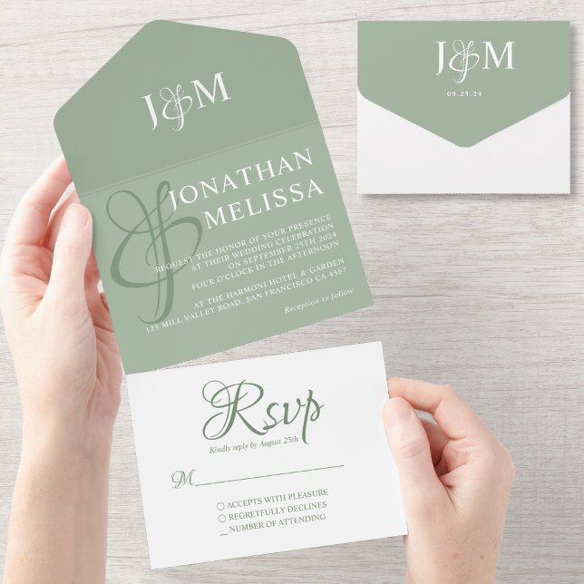 Invitation Tout En Un Élégant Mariage de monogramme vert et blanc (Créateur téléchargé)