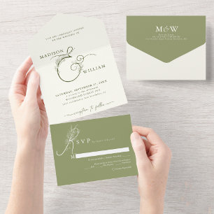 Invitation Tout En Un Élégant Mariage de mousse d'ivoire vert floral