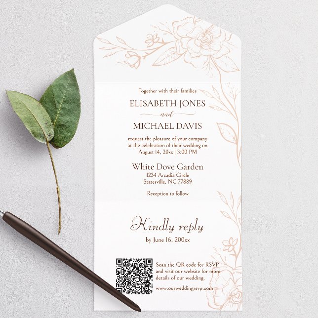 Invitation Tout En Un Élégant Mariage de pêche de code QR (All-in-one wedding invitation with QR code to RSVP - Simplify and save time for you and your guests.)