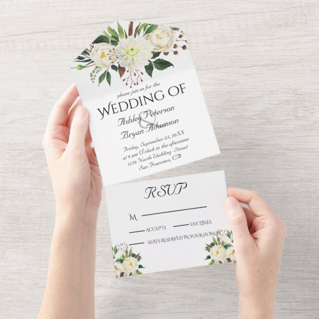 Invitation Tout En Un Élégant Mariage de Roses Blanches (Déchirure)