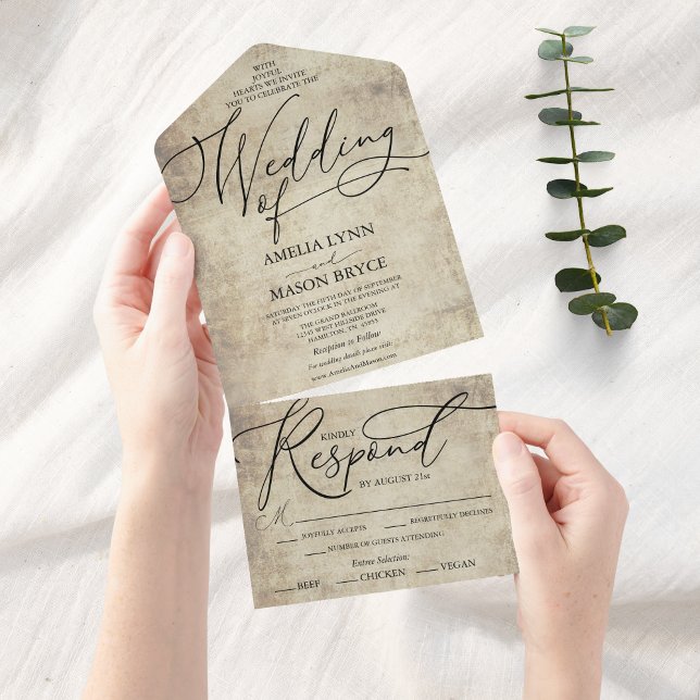 Invitation Tout En Un Élégant Mariage de script de calligraphie (Elegant Vintage Calligraphy Script All in One Wedding Invitation)