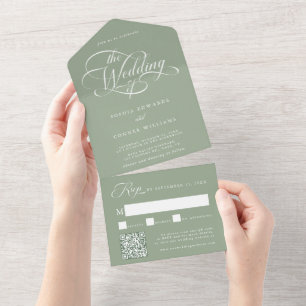 Invitation Tout En Un Élégant Mariage de script élégant Sage Vert