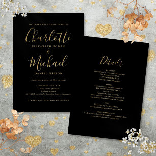 Invitation Tout En Un Élégant Mariage De Script Noir Et Or