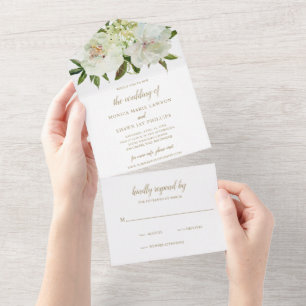 Invitation Tout En Un Élégant Mariage d'or blanc ivoire neuf floral