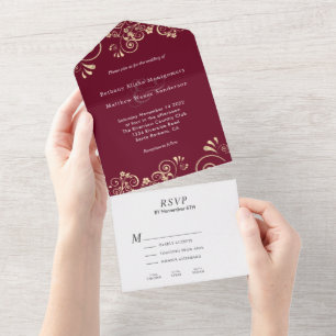 Invitation Tout En Un Élégant Mariage d'or de Bourgogne